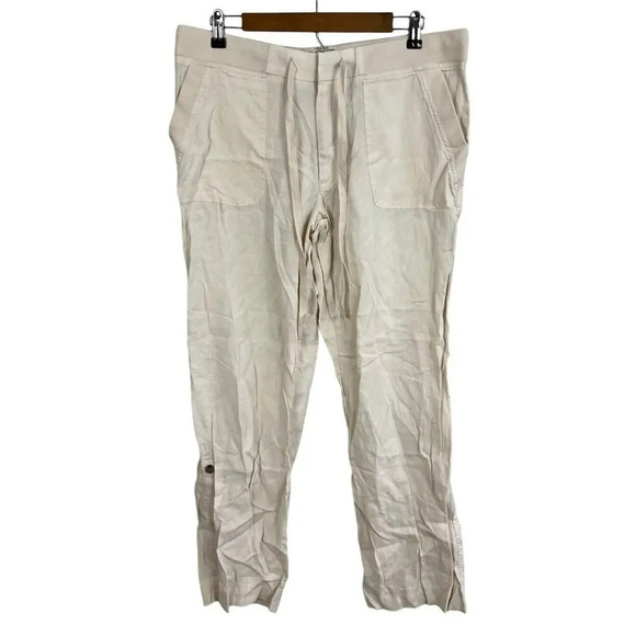Ann Taylor Loft Lounge Linen Beige Relaxed Straight Leg Pants Size 14 Women’s - Picture 1 of 7